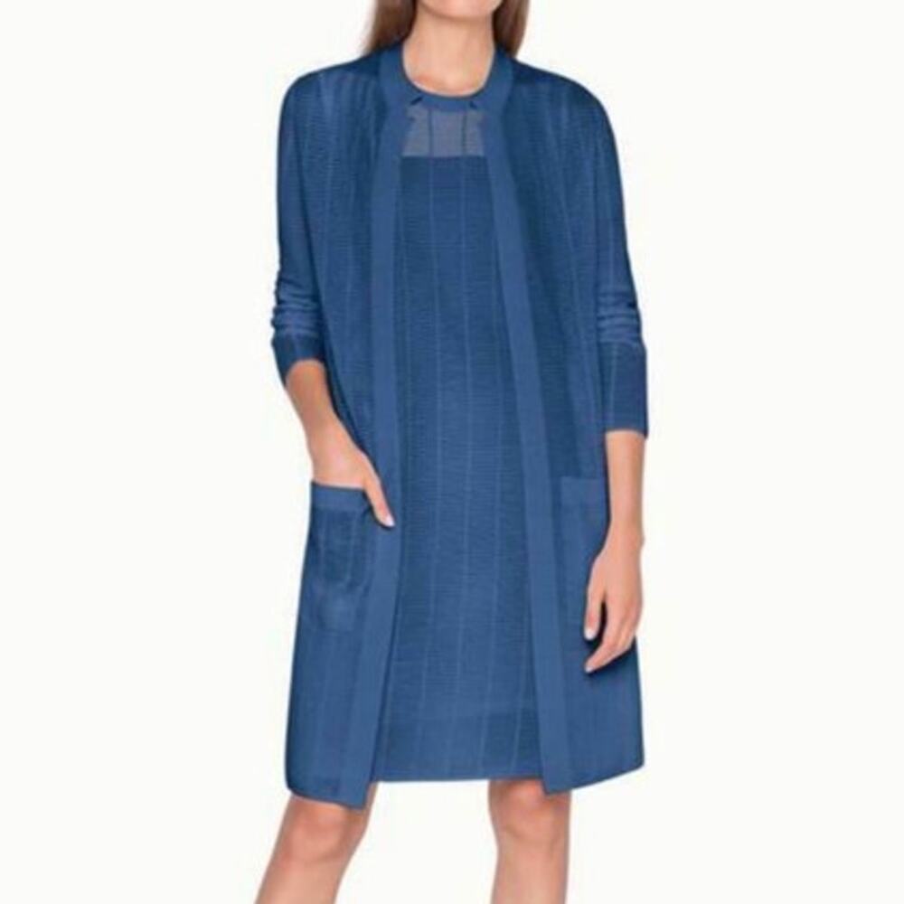 AKRIS Long Sleeve Cardigan Wool/Silk Grid Optics Sweater Long Duster Pockets L